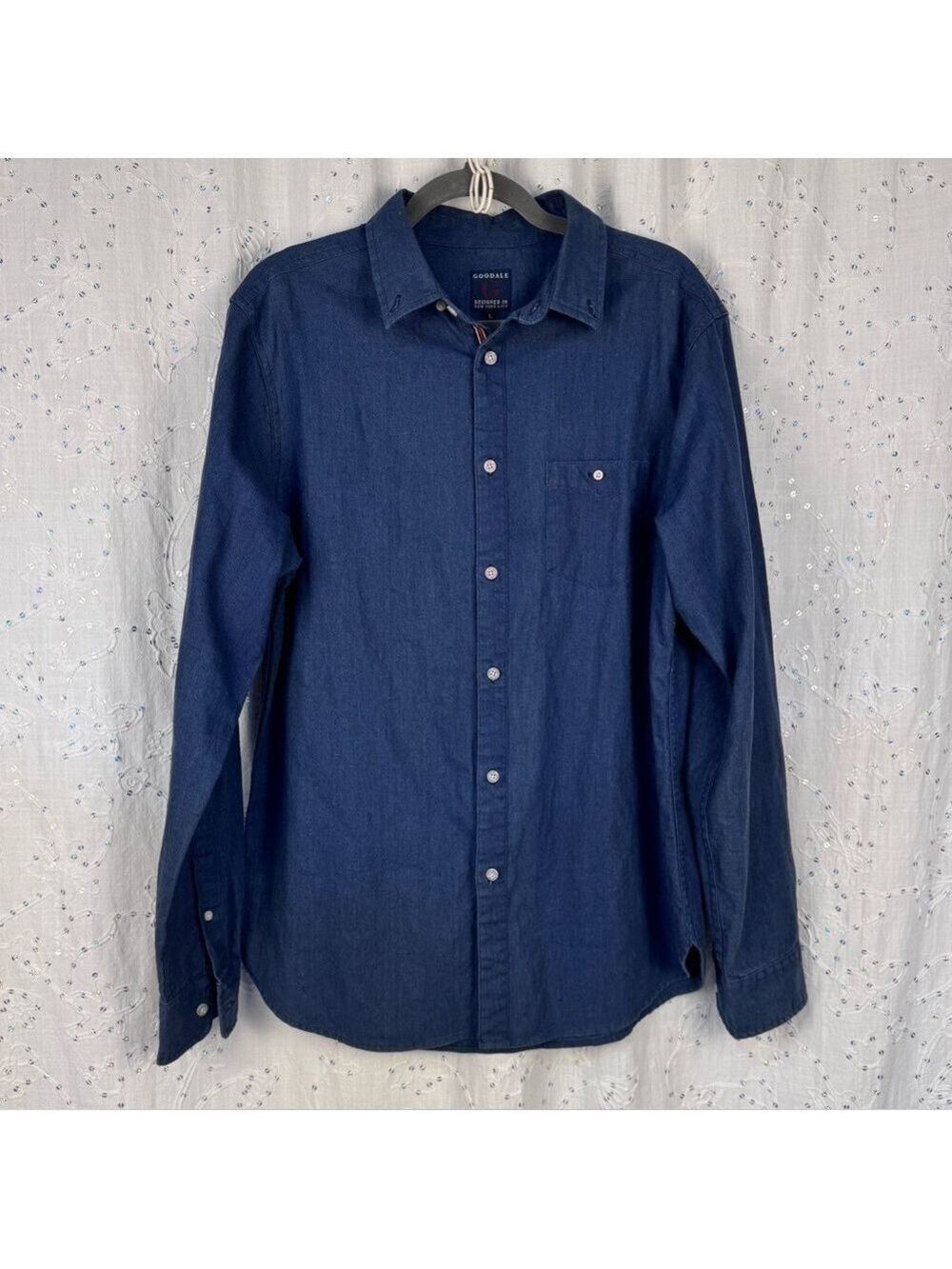 Goodale Men’s Button-Up Shirt – Large – Linen Cotton Blend – Denim Blue